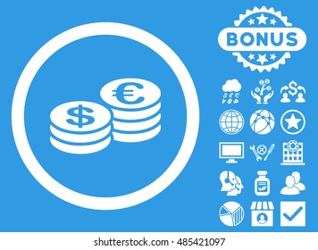 Euro and Dollar Coins icon with bonus pictures. Vector illustration style is flat iconic symbols, white color, blue background.