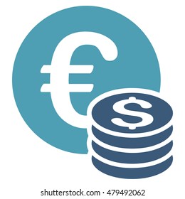 Euro and Dollar Coins icon. Vector style is bicolor flat iconic symbol, cyan and blue colors, white background.