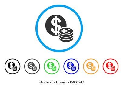 Euro And Dollar Coins icon. Vector illustration style is a flat iconic euro and dollar coins gray rounded symbol inside light blue circle with black, gray, green, blue, red,