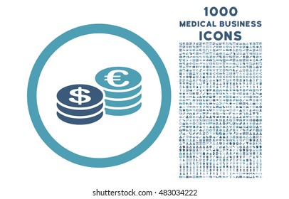 Euro and Dollar Coins rounded vector bicolor icon with 1000 medical business icons. Set style is flat pictograms, cyan and blue colors, white background.