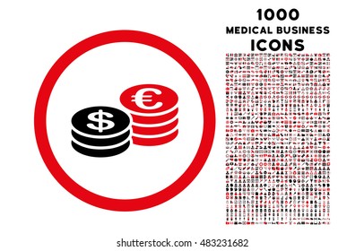 Euro and Dollar Coins rounded vector bicolor icon with 1000 medical business icons. Set style is flat pictograms, intensive red and black colors, white background.