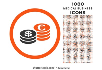 Euro and Dollar Coins rounded vector bicolor icon with 1000 medical business icons. Set style is flat pictograms, orange and gray colors, white background.