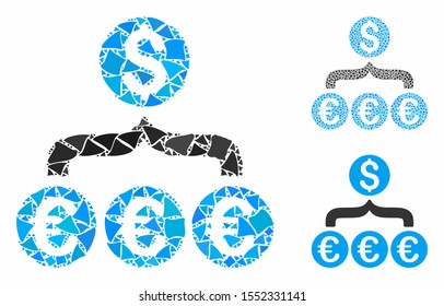 Euro Dollar conversion aggregator composition of rugged parts in various sizes and color tints, based on Euro Dollar conversion aggregator icon. Vector raggy parts are grouped into composition.