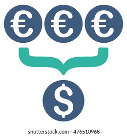 Euro Dollar Conversion Aggregator icon. Vector style is bicolor flat iconic symbol, cobalt and cyan colors, white background.