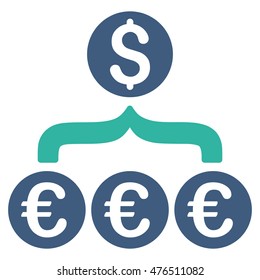 Euro Dollar Conversion Aggregator icon. Vector style is bicolor flat iconic symbol, cobalt and cyan colors, white background.