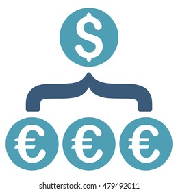 Euro Dollar Conversion Aggregator icon. Vector style is bicolor flat iconic symbol, cyan and blue colors, white background.