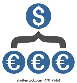 Euro Dollar Conversion Aggregator icon. Vector style is bicolor flat iconic symbol, cobalt and gray colors, white background.