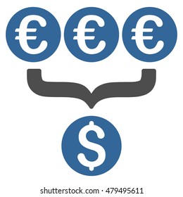 Euro Dollar Conversion Aggregator icon. Vector style is bicolor flat iconic symbol, cobalt and gray colors, white background.