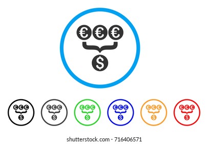 Euro Dollar Conversion Aggregator icon. Vector illustration style is a flat iconic euro dollar conversion aggregator grey rounded symbol inside light blue circle with black, gray, green, blue, red,