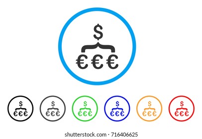 Euro Dollar Conversion Aggregator icon. Vector illustration style is a flat iconic euro dollar conversion aggregator grey rounded symbol inside light blue circle with black, gray, green, blue, red,