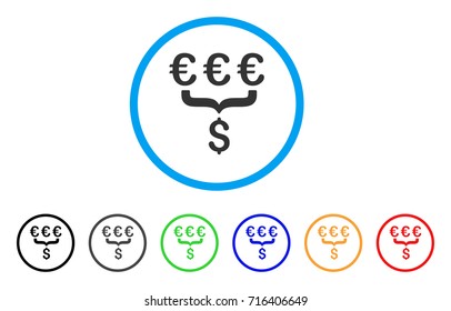 Euro Dollar Conversion Aggregator icon. Vector illustration style is a flat iconic euro dollar conversion aggregator grey rounded symbol inside light blue circle with black, gray, green, blue, red,