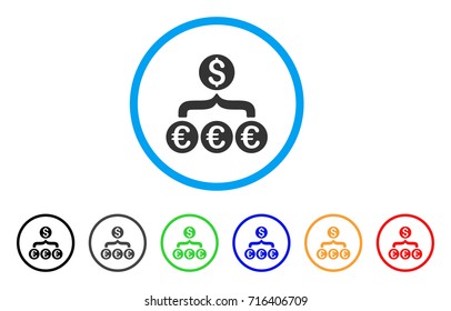 Euro Dollar Conversion Aggregator icon. Vector illustration style is a flat iconic euro dollar conversion aggregator grey rounded symbol inside light blue circle with black, gray, green, blue, red,