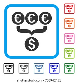 Euro Dollar Conversion Aggregator icon. Flat gray iconic symbol in a light blue rounded frame. Black, gray, green, blue, red,