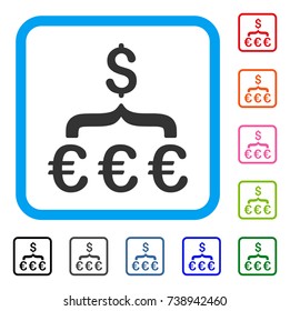 Euro Dollar Conversion Aggregator icon. Flat gray iconic symbol inside a light blue rounded frame. Black, gray, green, blue, red, orange color versions of Euro Dollar Conversion Aggregator vector.