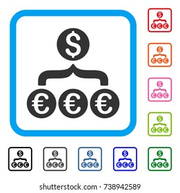 Euro Dollar Conversion Aggregator icon. Flat grey iconic symbol in a light blue rounded frame. Black, gray, green, blue, red, orange color variants of Euro Dollar Conversion Aggregator vector.