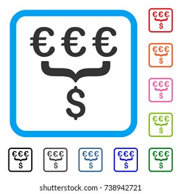 Euro Dollar Conversion Aggregator icon. Flat gray iconic symbol in a light blue rounded frame. Black, gray, green, blue, red, orange color variants of Euro Dollar Conversion Aggregator vector.