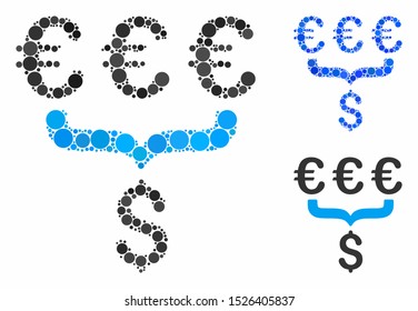 Euro Dollar conversion aggregator mosaic for Euro Dollar conversion aggregator icon of small circles in variable sizes and shades. Vector small circles are grouped into blue mosaic.