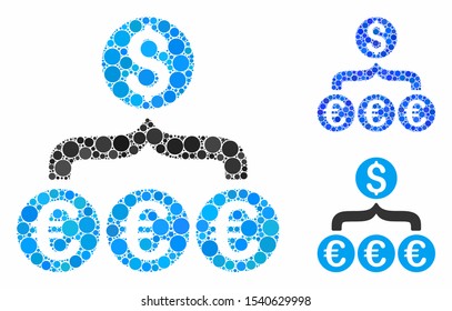 Euro Dollar conversion aggregator mosaic of filled circles in variable sizes and shades, based on Euro Dollar conversion aggregator icon. Vector filled circles are grouped into blue mosaic.