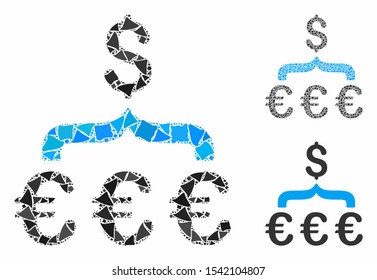 Euro Dollar conversion aggregator mosaic of rough parts in various sizes and color hues, based on Euro Dollar conversion aggregator icon. Vector rough dots are grouped into mosaic.