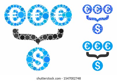 Euro Dollar conversion aggregator mosaic of filled circles in variable sizes and color tinges, based on Euro Dollar conversion aggregator icon. Vector filled circles are united into blue mosaic.