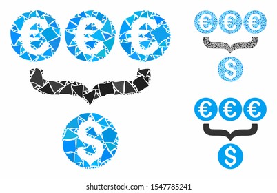 Euro Dollar conversion aggregator mosaic of trembly elements in variable sizes and shades, based on Euro Dollar conversion aggregator icon. Vector joggly elements are combined into mosaic.