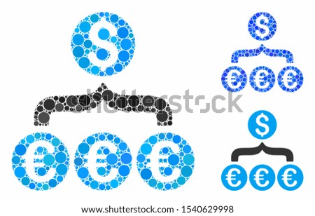 Euro Dollar conversion aggregator mosaic of filled circles in variable sizes and shades, based on Euro Dollar conversion aggregator icon. Vector filled circles are grouped into blue mosaic.