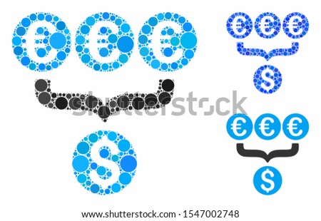 Euro Dollar conversion aggregator mosaic of filled circles in variable sizes and color tinges, based on Euro Dollar conversion aggregator icon. Vector filled circles are united into blue mosaic.