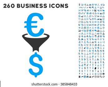 Euro Dollar Conversion Filter icon within 260 vector business pictogram set. Style is bicolor flat symbols, light blue and gray colors, white background.