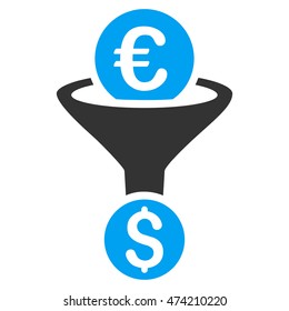 Euro Dollar Conversion Funnel icon. Vector style is bicolor flat iconic symbol, blue and gray colors, white background.