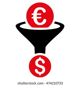 Euro Dollar Conversion Funnel icon. Vector style is bicolor flat iconic symbol, intensive red and black colors, white background.