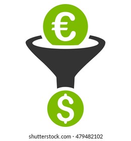 Euro Dollar Conversion Funnel icon. Vector style is bicolor flat iconic symbol, eco green and gray colors, white background.