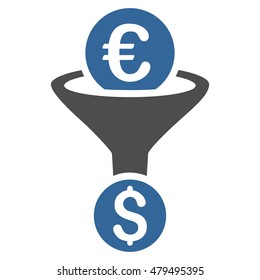 Euro Dollar Conversion Funnel icon. Vector style is bicolor flat iconic symbol, cobalt and gray colors, white background.
