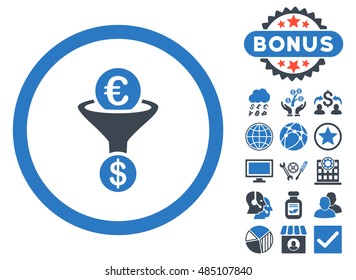 Euro Dollar Conversion Funnel icon with bonus symbols. Vector illustration style is flat iconic bicolor symbols, smooth blue colors, white background.