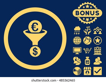 Euro Dollar Conversion Funnel icon with bonus pictures. Vector illustration style is flat iconic symbols, yellow color, blue background.