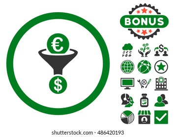 Euro Dollar Conversion Funnel icon with bonus images. Vector illustration style is flat iconic bicolor symbols, green and gray colors, white background.