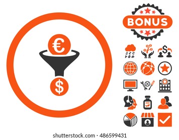 Euro Dollar Conversion Funnel icon with bonus pictogram. Vector illustration style is flat iconic bicolor symbols, orange and gray colors, white background.