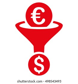 Euro Dollar Conversion Funnel icon. Vector style is flat iconic symbol, red color, white background.