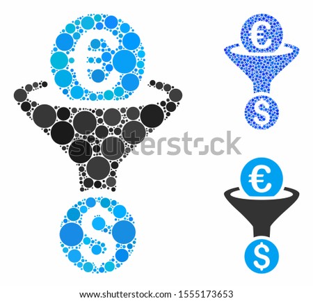 Euro Dollar conversion funnel mosaic of filled circles in different sizes and shades, based on Euro Dollar conversion funnel icon. Vector filled circles are grouped into blue collage.