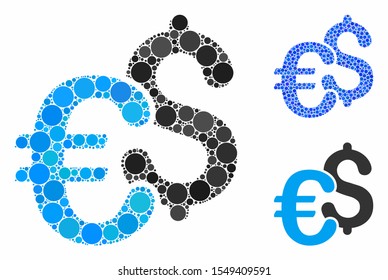 Euro Dollar currency composition of circle elements in various sizes and color tones, based on Euro Dollar currency icon. Vector circle elements are composed into blue composition.
