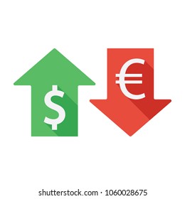 Euro and dollar currency. Up and down arrow