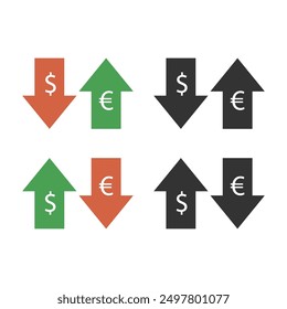 Euro and Dollar currency up and down arrow icon isolated vector illustration on white background.