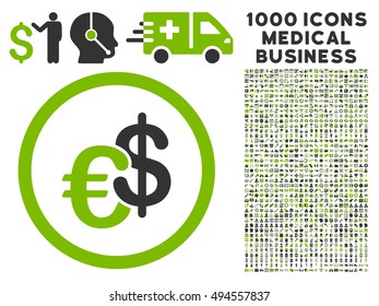 Euro and Dollar Currency icon with 1000 medical commercial eco green and gray vector pictograms. Design style is flat bicolor symbols, white background.