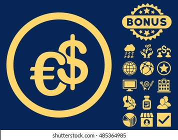 Euro and Dollar Currency icon with bonus pictures. Vector illustration style is flat iconic symbols, yellow color, blue background.