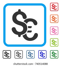 Euro And Dollar Currency icon. Flat grey iconic symbol inside a light blue rounded squared frame. Black, gray, green, blue, red, orange color additional versions of Euro And Dollar Currency vector.