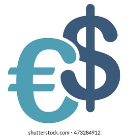 Euro and Dollar Currency icon. Vector style is bicolor flat iconic symbol, cyan and blue colors, white background.