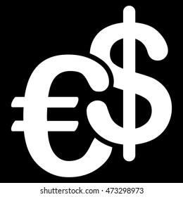 Euro and Dollar Currency icon. Vector style is flat iconic symbol, white color, black background.