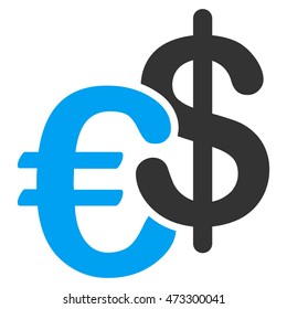 Euro and Dollar Currency icon. Vector style is bicolor flat iconic symbol, blue and gray colors, white background.