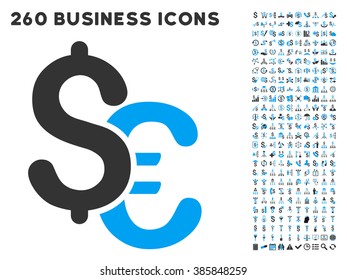 Euro and Dollar Currency icon within 260 vector business pictogram set. Style is bicolor flat symbols, light blue and gray colors, white background.
