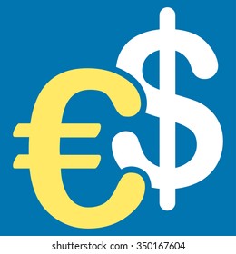 Euro Dollar Currency vector icon. Style is bicolor flat symbol, yellow and white colors, rounded angles, blue background.
