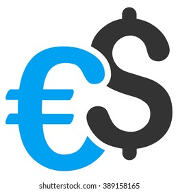 Euro and Dollar Currency vector icon. Style is bicolor flat symbol, blue and gray colors, white background.